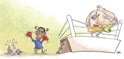 Cartoon: Barak Obama (medium) by BONIL tagged obama,victory,united,states,president,bonil