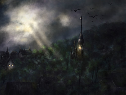 Cartoon: In the Woods (medium) by alesza tagged landscape,village,dark,spooky,church,horror,sullen,light,darkness,woods,forest