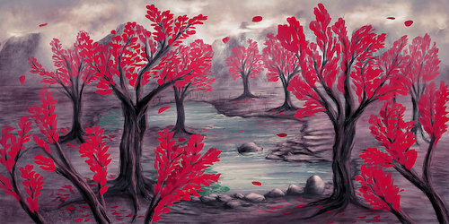 Cartoon: Red trees and turquoise pond (medium) by alesza tagged digital,painting,landscape,ipadart,nature,trees,pond,procreate