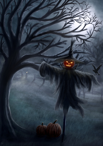 Cartoon: Scarecrow (medium) by alesza tagged art,digital,unikatdesign,pumpkin,darkness,dark,spooky,night,moonlight,artfest,contest,winner,moon,scarecrow,creepy,happy,halloween,painting,illustration,artwork