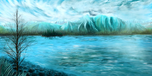Cartoon: Tranquility (medium) by alesza tagged digital,painting,nature,landscape,blue,water,river,sea,lake,ocean,moutain,tree,cold,relfection,clouds
