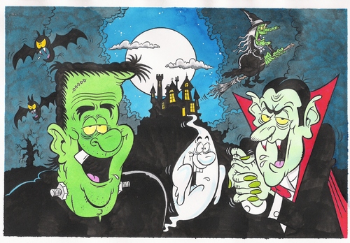 Cartoon: Spooky!! (medium) by fieldtoonz tagged halloween,dracula,ghost,bats,frankinstein,whitch,haunted,house