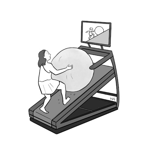 Cartoon: Sisyphos Zu Hause (medium) by HilaryAllison tagged sisyphos,sisyphus,zu,hause,wfh,at,home,laufband,tretmühle,treadmill,infinity,unendlichkeit,eternity,ewigkeit,workout,training,cardio,boulder,felsbrocken,goals,ziele