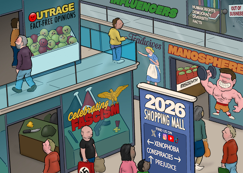 Cartoon: 2026 shopping mall (medium) by Tjeerd Royaards tagged shopping,shops,fascism,racism,fake,news,tradwives,manoshere,shopping,shops,fascism,racism,fake,news,tradwives,manoshere