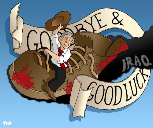 Cartoon: Bush says farewell (medium) by Tjeerd Royaards tagged bush,shoe,iraq,failed,policy,präsidentschaft,präsident,usa,amerika,amtszeit,abschied,george bush,irak,rede,vortrag,iraqi,konferenz,pressekonferenz,verachtung,attentat,attacke,kritik,george,bush,anschlag,bombe,schuhe,schuh