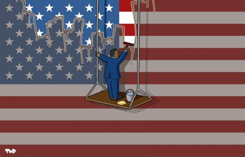 Cartoon: Clean-up (medium) by Tjeerd Royaards tagged barack,obama,president,us,united,states,elections,barack obama,usa,amerika,präsident,präsidentschaft,weiße haus,nachfolger,amtszeit,george bush,flagge,fahne,nation,fensterputzer,putzen,reinigung,reinigen,hoffnung,erwartungen,chaos,hinterlassenschaft,erbe,aufräumen,wahlen,neuanfang,start,alt,neu,waschen,neustart,anforderung,last,zukunft,regierung,bürde,barack,obama,weiße,haus,george,vergangenheit,schmutz,staub,verstaubt,dreckig,dreck,bush