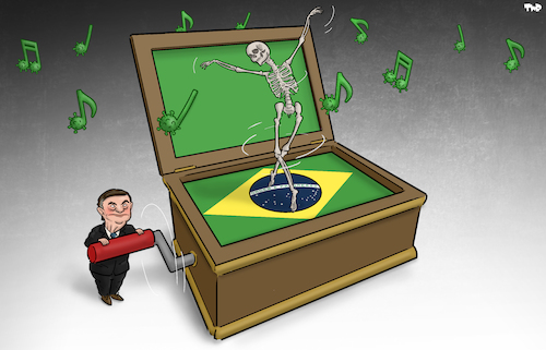 Cartoon: Dance macabre (medium) by Tjeerd Royaards tagged bolsonar,brazil,corona,pandemic,death,toll,victims,bolsonar,brazil,corona,pandemic,death,toll,victims