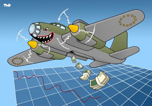 Cartoon: Europe battles the crisis (medium) by Tjeerd Royaards tagged crisis,economy,eu,europe,european,union,battle,recession,cartoon,cartoons,illustration,illustrationen,flugzeug,flieger,fliegen,geld,finanzen,wirtschaft,eu,schlacht,kampf,wirtschafstkrise,konjunktur,erde,kurs,kurse,bank,banken,aktienkurs,börse