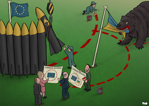 Cartoon: European defence plans (medium) by Tjeerd Royaards tagged russia,eu,europe,ukraine,zelensky,defence,defense,russia,eu,europe,ukraine,zelensky,defence,defense