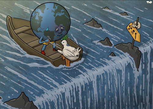 Cartoon: Faulty engine (medium) by Tjeerd Royaards tagged peace,world,danger,waterfall,cliff,edge,nuclear,war,peace,world,danger,waterfall,cliff,edge,nuclear,war