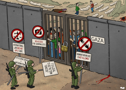 Cartoon: Gate to Gaza (medium) by Tjeerd Royaards tagged gaza,israel,humanitarian,aid,international,law,gaza,israel,humanitarian,aid,international,law