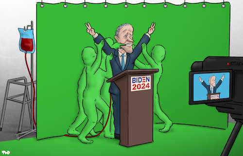 Cartoon: Green screen (medium) by Tjeerd Royaards tagged joe,biden,usa,democracy,elections,old,age,president,joe,biden,usa,democracy,elections,old,age,president