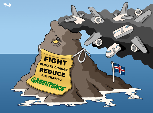 Cartoon: Greenpeace dream come true... (medium) by Tjeerd Royaards tagged greenpeace,iceland,volcano,eruption,airplane,air,airport,traffic,flight,climate,change,vulkan,asche,ausbruch,klimawandel,flugzeug,flugsicherheit,greenpeace