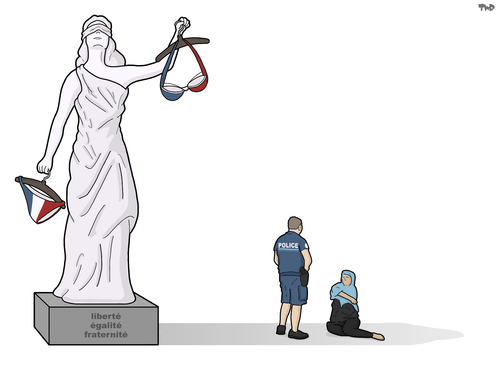 Cartoon: Lady Justice in France (medium) by Tjeerd Royaards tagged burikini,ban,nice,france,police,justice,beach,muslim,burikini,ban,nice,france,police,justice,beach,muslim