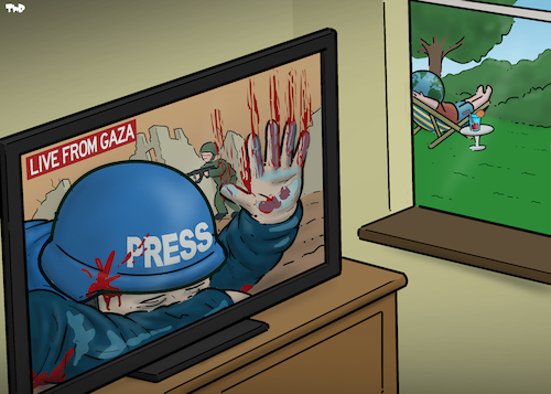 Cartoon: Live from Gaza (medium) by Tjeerd Royaards tagged gaza,journalist,media,pres,journalism,coverage,gaza,journalist,media,pres,journalism,coverage