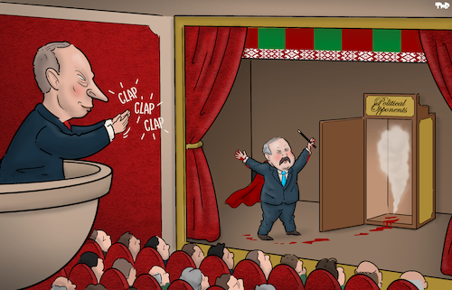 Cartoon: Magic show (medium) by Tjeerd Royaards tagged lukashenko,belarus,protasevich,minsk,russia,putin,lukashenko,belarus,protasevich,minsk,russia,putin