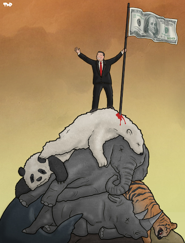 Cartoon: Man on Top (medium) by Tjeerd Royaards tagged nature,environment,extinction,eatch,man,human,profit,money,animals,nature,environment,extinction,eatch,man,human,profit,money,animals