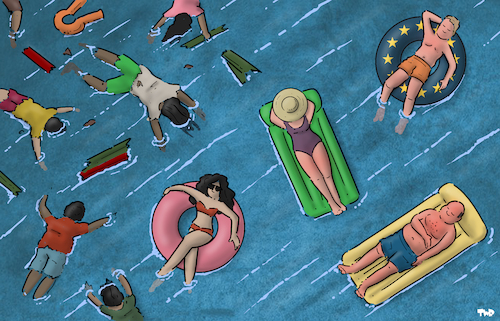 Cartoon: Mediterranean (medium) by Tjeerd Royaards tagged refugees,migrants,mediterranean,drowning,europe,refugees,migrants,mediterranean,drowning,europe