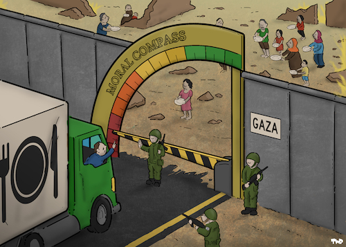 Cartoon: Moral compass (medium) by Tjeerd Royaards tagged israel,palestine,gaza,hunger,famine,food,morality,israel,palestine,gaza,hunger,famine,food,morality