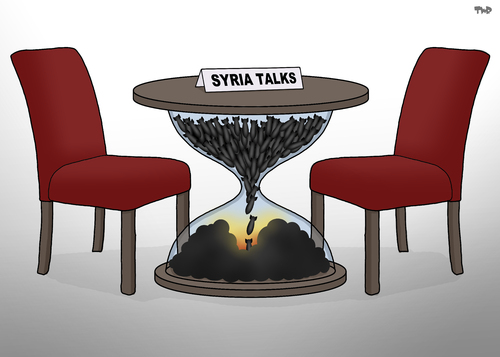 Cartoon: Negotiation Table (medium) by Tjeerd Royaards tagged syria,war,truce,peace,talks,bombs,syria,war,truce,peace,talks,bombs