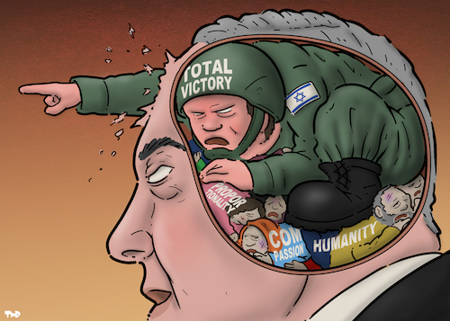 Cartoon: Netanyahu (medium) by Tjeerd Royaards tagged gaza,netanyahu,brain,israel,compassion,empathy,humanity,gaza,netanyahu,brain,israel,compassion,empathy,humanity