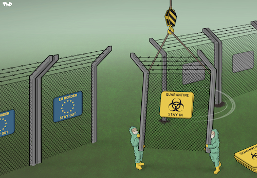 Cartoon: New European Border (medium) by Tjeerd Royaards tagged eu,border,disease,quarantine,spread,infection,contagion,eu,border,disease,quarantine,spread,infection,contagion