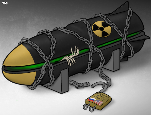 Cartoon: Nuclear relations (medium) by Tjeerd Royaards tagged usa,russia,start,treaty,nuclear,weapons,threat,war,mass,destruction,usa,russia,start,treaty,nuclear,weapons,threat,war,mass,destruction