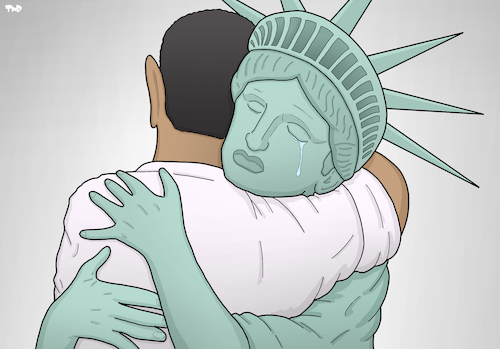 Cartoon: Painful Goodbye (medium) by Tjeerd Royaards tagged obama,liberty,statue,hug,bye,end,future,trump,obama,liberty,statue,hug,bye,end,future,trump