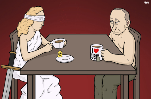 Cartoon: Putin and Justice (medium) by Tjeerd Royaards tagged russia,putin,polonium,poison,tea,justice,russia,putin,polonium,poison,tea,justice