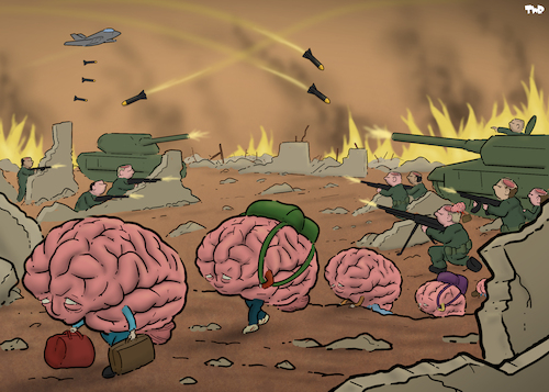 Cartoon: Refugees of war (medium) by Tjeerd Royaards tagged brain,refugees,war,violence,intelligence,humans,brain,refugees,war,violence,intelligence,humans