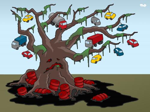 Cartoon: Sustainability (medium) by Tjeerd Royaards tagged environment,oil,traffic,cars,green,energy,tree,pollution,nature,disaster,economy,sustainability,umwelt,klima,klimawandel,globale erwärmung,umweltschutz,umweltverschmutzung,natur,baum,bäume,auto,autos,industrie,autoindustrie,öl,ressourcen,rohstoffe,sterben,waldsterben,energy,verkehr,globale,erwärmung