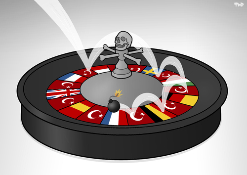 Cartoon: Terror Roulette (medium) by Tjeerd Royaards tagged turkey,istanbul,isis,terror,terrorism,attack,bomb,airport,turkey,istanbul,isis,terror,terrorism,attack,bomb,airport