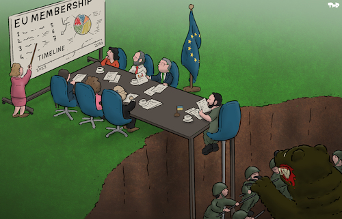 Cartoon: The application process (medium) by Tjeerd Royaards tagged ukraine,eurpe,memebership,application,ukraine,eurpe,memebership,application