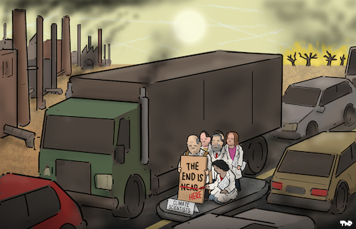 Cartoon: The end is here (medium) by Tjeerd Royaards tagged climate,emergency,sos,science,scientists,earth,climate,emergency,sos,science,scientists,earth