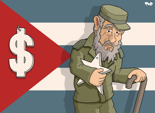 Cartoon: The end of communism on Cuba? (medium) by Tjeerd Royaards tagged cuba,castro,fidel,raul,havana,communism,economy,capitalism,money,free,enterprise,cuba,fidel castro,wirtschaft,karikatur,karikaturen,kommunismus,fidel,castro
