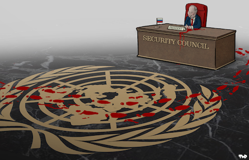 Cartoon: UN Security Council (medium) by Tjeerd Royaards tagged un,united,nations,security,council,putin,ukraine,russia,un,united,nations,security,council,putin,ukraine,russia