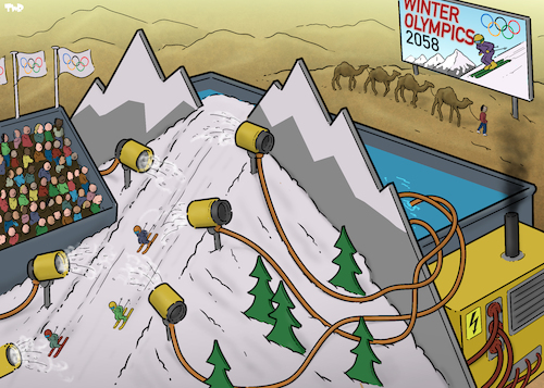 Cartoon: Winter Olympics of the future (medium) by Tjeerd Royaards tagged olympics,winter,games,climate,desert,sustainable,future,olympics,winter,games,climate,desert,sustainable,future
