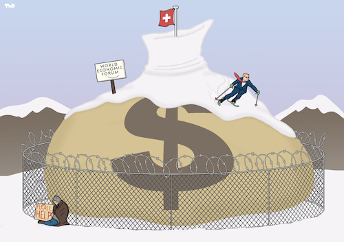 Cartoon: World Economic Forum (medium) by Tjeerd Royaards tagged switzerland,rich,poor,alp,fence,money,wealth,switzerland,rich,poor,alp,fence,money,wealth