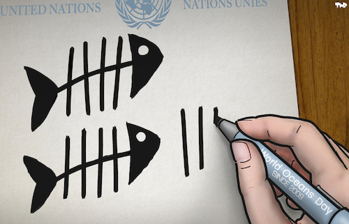 Cartoon: World Oceans Day 2021 (medium) by Tjeerd Royaards tagged nature,ocaen,sea,fish,empty,united,nations,pollution,plastic,nature,ocaen,sea,fish,empty,united,nations,pollution,plastic
