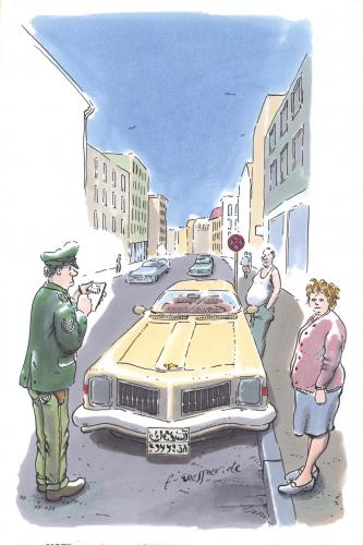 Cartoon: arab licence number. (medium) by woessner tagged polizei,police,verkehr,traffic,arabisch,arab,,polizei,verkehr,arabisch,auto,schlitten,scheich,kennzeichen,polizist,politesse,aufschreiben,knöllchen,strafzettel,parkverbot,halteverbot,parken,halten,straße,deutschlande,nummernschild,kfz,sprache,schrift,abschleppen,autofahrer,fußgänger,bürgersteig,straßenverkehrsordnung,straßenverkehr,verwarnung,bußgeld,wachtmeister,verkehrspolizei,parkraum,parkzone,verboten,verbot,verbotsschild,parkplatz,araber,ölscheich