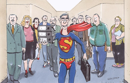 Cartoon: Büro Superman (medium) by woessner tagged cartoons,karikaturen,woessner,betrieb,verwaltungsabläufe,büroarbeit,arbeitsplatz,motivation,motivationstrainer,superman,im,büro,behörde,amt,angestellte,verwaltung,bürokratie,held,riese,leistung,selbsteinschätzung,bewunderung,anbetung,fan