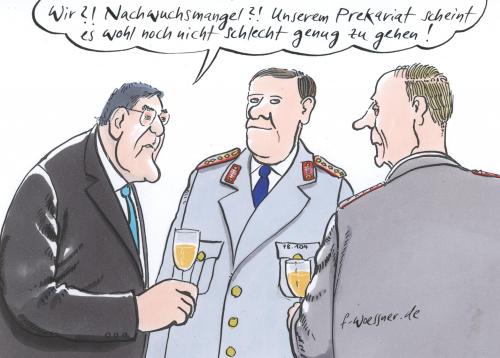 Cartoon: bundeswehr nachwuchsmangel (medium) by woessner tagged bundeswehr,militär,soldaten,waffen,krieg,afghanistan,verteidigungsminister,jung,nachwuchs,kanonenfutter,aussenpolitik,rohstoffe,bundeswehr,deutschland,militär,soldaten,waffen,krieg,afghanistan,verteidigungsminister,nachwuchs,jugend,kanonenfutter,rohstoffe,ausstattung,mangel,nachwuchsmangel,rekrutieren,verteidiung,aufbau,cdu,franz jung,sicherheit,franz,jung