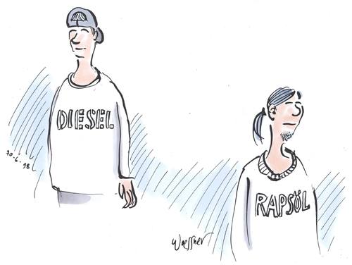 Cartoon: Diesel Rapsöl (medium) by woessner tagged diesel,rapsöl,jugend,mode,markenklamotte,markenzeichen,konsum,bio,öko,umwelt,pflanzentreibstoff,energiekrise,diesel,rapsöl,jugend,mode,markenklamotte,markenzeichen,konsum,bio,öko,umwelt,pflanzentreibstoff,energiekrise