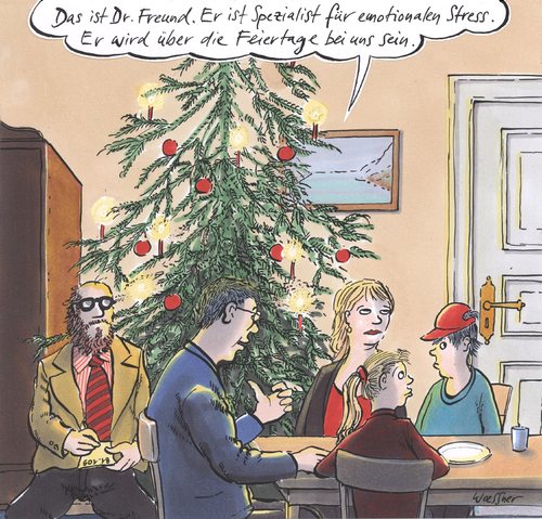 Cartoon: emotionaler stress (medium) by woessner tagged weihnachten,emotionaler,stress,psychiater,psychologe,familie,generation,vater,mutter,kind,harmonie,zwang,feier,fest,liebe,weihnachten,emotionaler,stress,psychiater,psychologe,familie,generation,vater,mutter,kind