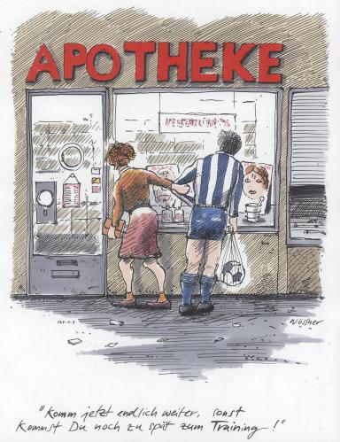 Cartoon: fussball apotheke (medium) by woessner tagged fussball,sport,apotheke,drogen,beziehung,pharmaka,fussball,sport,apotheke,drogen,beziehung,pharmaka,pharmazie,training,spieler,trainieren,doping,dopingskandal,blutprobe,urinprobe,dopingtest,testosteron,pharma,pharmaindustrie,pharmakonzerne,pharmazeutika,trainingslager