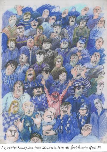 Cartoon: fussballfans konkurrenz neid (medium) by woessner tagged fussball,sport,krankenhauslose,minute,anderssein,fussball,sport,außenseiter,gruppe,mob,grölen,fans,krankenhaus,neid,prügel,schlagen,wut,freude,spiel,tribüne,masse,stadion,fußballfan,fußballfieber,hooligan,verein,bundesliga,blutgrätsche,fankurve,fußballbegeisterung,fanblock,fanbetreuer,randale,fan