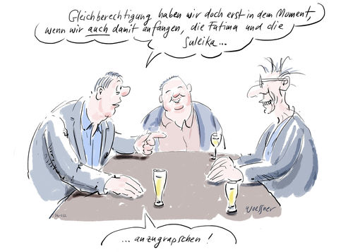 Cartoon: Gleichberechtigung (medium) by woessner tagged woessner,karikaturen,cartoon,emanzipation,gender,macho,machismus,köln,übergriffe,migration,migrationshintergrund,ausländer,ausländerfeindlichkeit,toleranz,intoleranz,gleichberechtigung,grapschen,stammtisch,männer,frauenbild,frauenverachtung,sexismus,islam,islamismus,stammtischparolen,sexuelle,nötigung,flüchtlinge,asylanten,moslems,muslime,woessner,karikaturen,cartoon,emanzipation,gender,macho,machismus,köln,übergriffe,migration,migrationshintergrund,ausländer,ausländerfeindlichkeit,toleranz,intoleranz,gleichberechtigung,grapschen,stammtisch,männer,frauenbild,frauenverachtung,sexismus,islam,islamismus,stammtischparolen,sexuelle,nötigung,flüchtlinge,asylanten,moslems,muslime