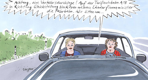 Cartoon: Gleichstellung (medium) by woessner tagged woessner,karikaturen,cartoons,besoldung,bezahlung,tarifvertrag,öffentlicher,dienst,blockade,autobahn,verkehrsdurchsage,radio,gleichstellung,gehalt,tarif,lehrkräfte,a13,a12,grundschullehrer,gymnasiallehrer,finanzminister,länderfinanzminister,bildungspolitik,bildung,kmk,bildungshoheit,kooperationsverbot,woessner,karikaturen,cartoons,besoldung,bezahlung,tarifvertrag,öffentlicher,dienst,blockade,autobahn,verkehrsdurchsage,radio,gleichstellung,gehalt,tarif,lehrkräfte,a13,a12,grundschullehrer,gymnasiallehrer,finanzminister,länderfinanzminister,bildungspolitik,bildung,kmk,bildungshoheit,kooperationsverbot