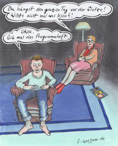 Cartoon: glotze (medium) by woessner tagged tv,fernsehen,konsum,lesen,buch,literatur,jugend,mutter,eltern,erziehung,sorgen,programm,tv,fernsehen,fernseher,unterhaltung,freizeit,gesellschaft,beschäftigung,konsum,konsument,programm,passiv,bildung,jugend,jugendlicher,pubertät,eltern,erziehung,mutter,sohn,kinder,kind,sorgen,literatur,buch,lesen,alternative,verdummen