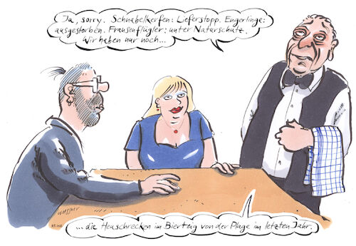 Cartoon: Heuschrecken im Bierteig (medium) by woessner tagged cartoons,karikaturen,woessner,aussterben,lieferstopp,naturschutz,umweltschutz,artenschutz,heuschreckenplage,gast,gäste,kellner,bedienung,querformat,heuschrecken,insektenrestaurant,artenvielfalt,biodiversivität,umwelt,genuss,klimaschutz,insektensterben,essen,trinken,geniessen,konsum,fleischkonsum,carnivoren,fleischesser,vegetarier,veganer,cartoons,karikaturen,woessner,aussterben,lieferstopp,naturschutz,umweltschutz,artenschutz,heuschreckenplage,gast,gäste,kellner,bedienung,querformat,heuschrecken,insektenrestaurant,artenvielfalt,biodiversivität,umwelt,genuss,klimaschutz,insektensterben,essen,trinken,geniessen,konsum,fleischkonsum,carnivoren,fleischesser,vegetarier,veganer